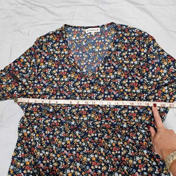 Elings Navy Floral Ruffle V-Neck Puff-Sleeve Midi Dress Size Large - Picture 4 of 6
